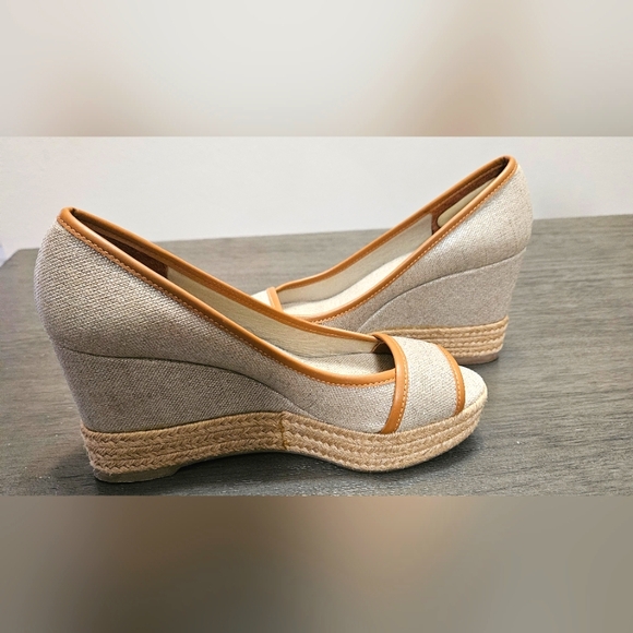 Tory Burch Shoes - Tory Burch 6.5 Majorca Espadrille Wedge Heel Peep Toe Metallic Tan Brown Shoe